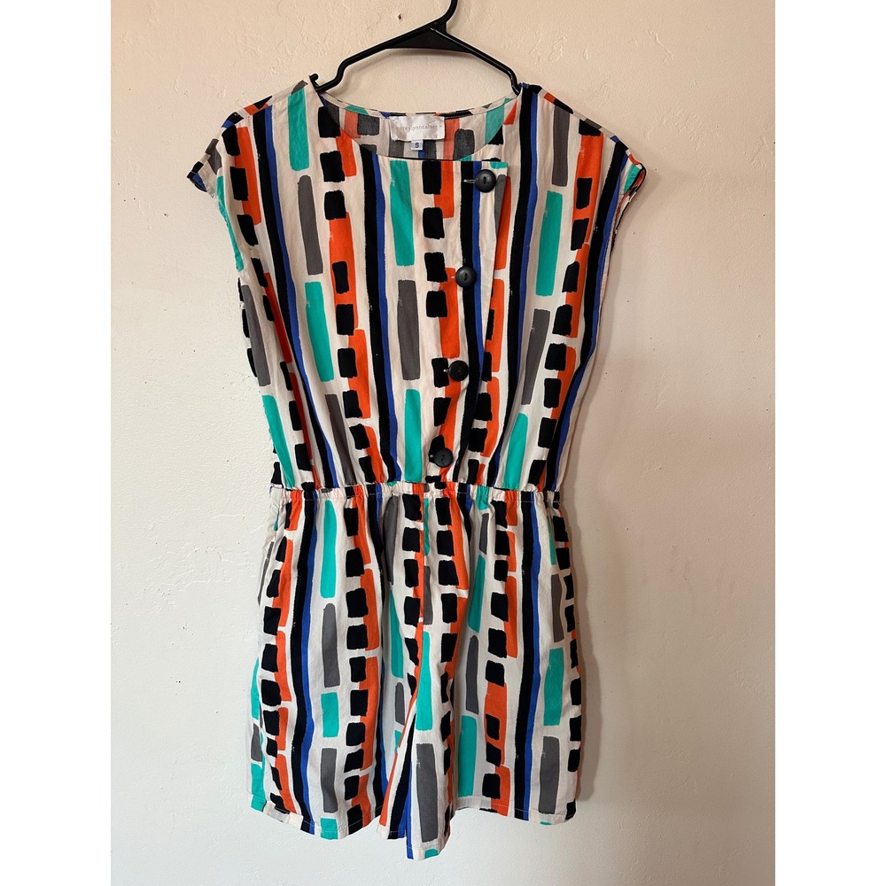 Corey Lynn Calter Geometric Stripe Romper Sleeveless Button Front Multi-Color S